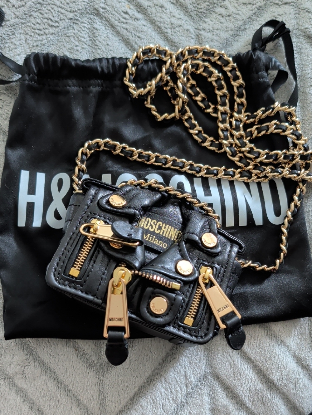 Moschino Black Quilted Leather Mini Crossbody with Gold Hardware and Chain